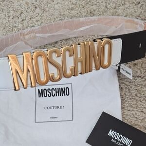 Moschino White and Black Leather Belt with Gold Logo Buckle
